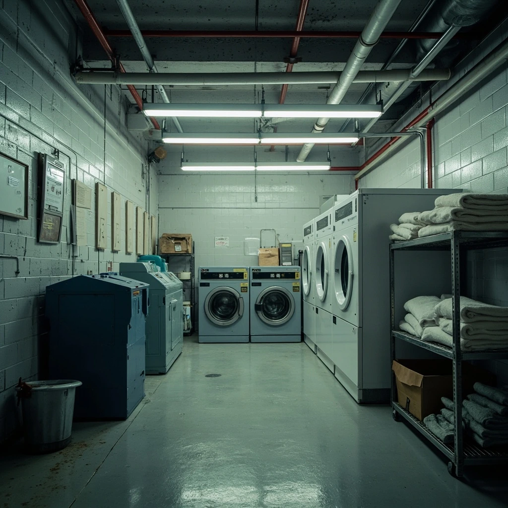 The crew laundry, with commercial machines and a same-day sign-out sheet.