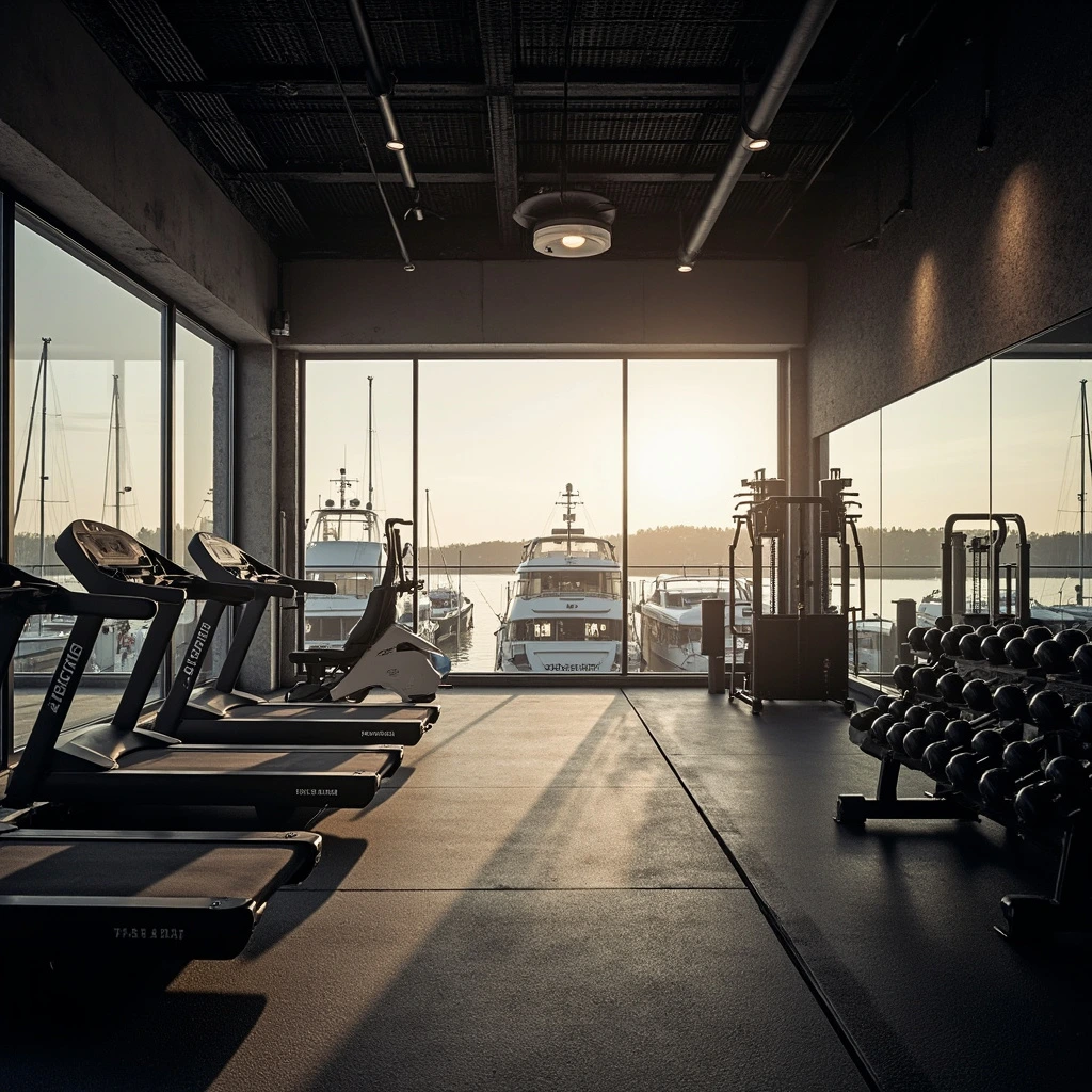 The crew gym, with a view across the Martwa Wisła toward the shipyard.
